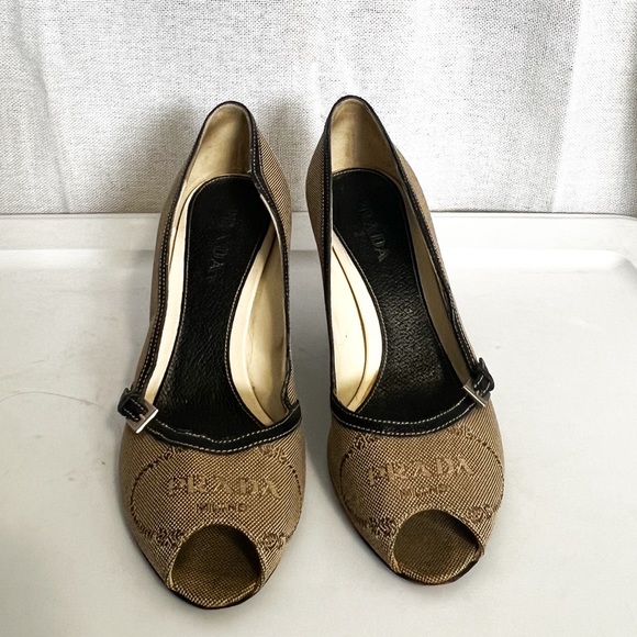 Vintage Prada Brown Buckle Canvas Leather Peep Toe Kitten Heels - Picture 2 of 12